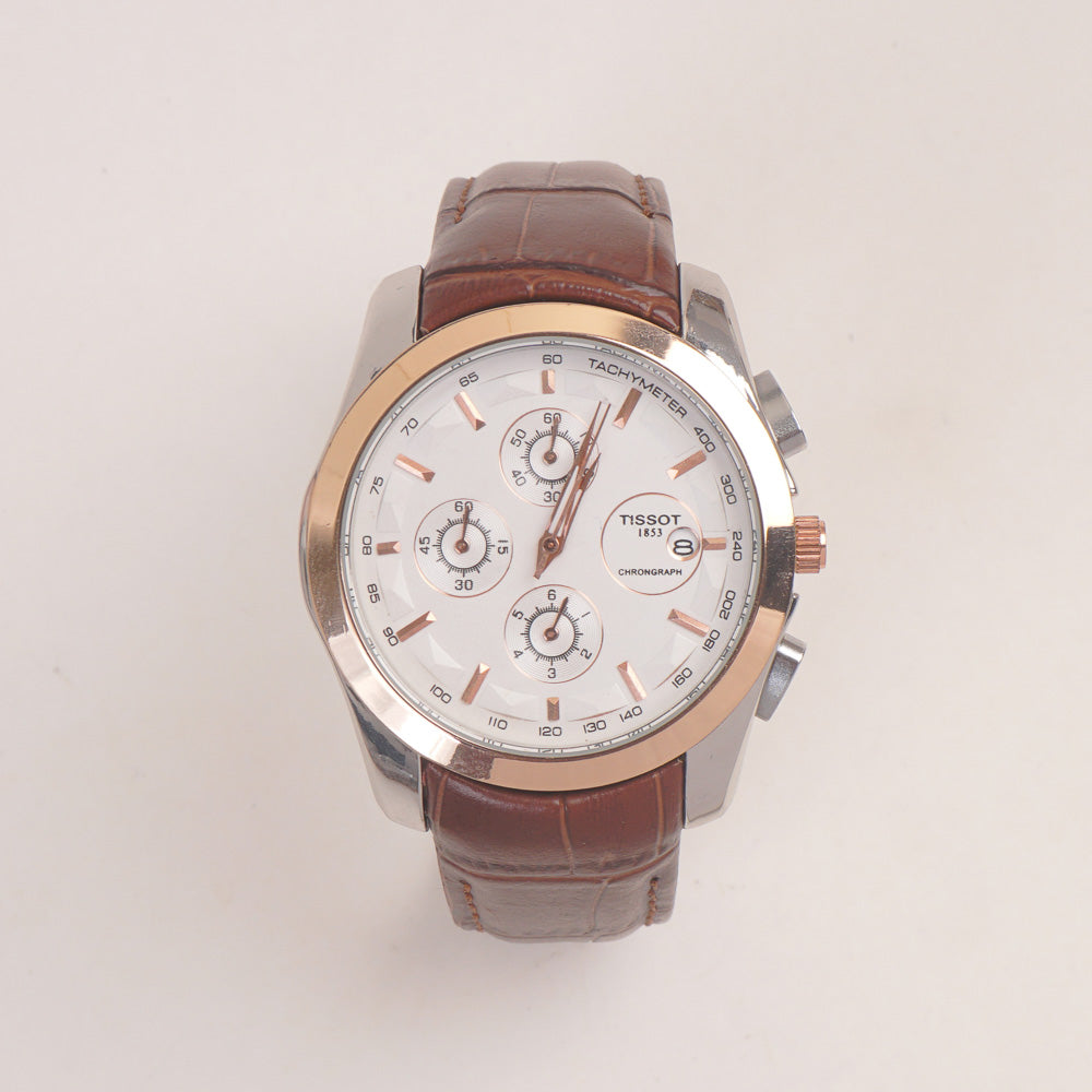 Men's Chronograph Wrist Watch White Dial Brown Straps