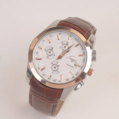 Men's Chronograph Wrist Watch White Dial Brown Straps