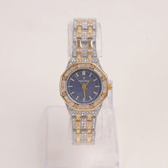 Two Tone Women Stone Design Chain Wrist Watch Rosegold Blue Dial