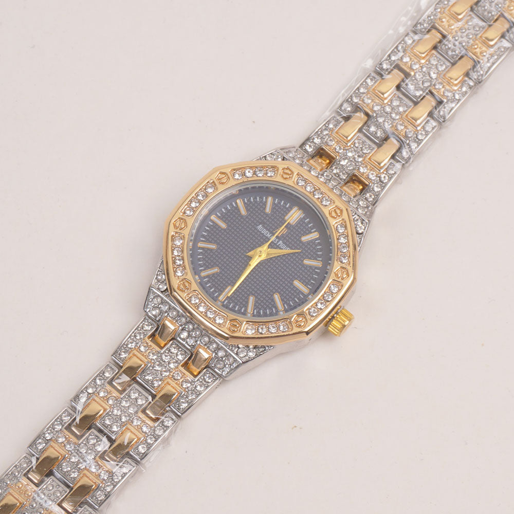 Two Tone Women Stone Design Chain Wrist Watch Rosegold Blue Dial