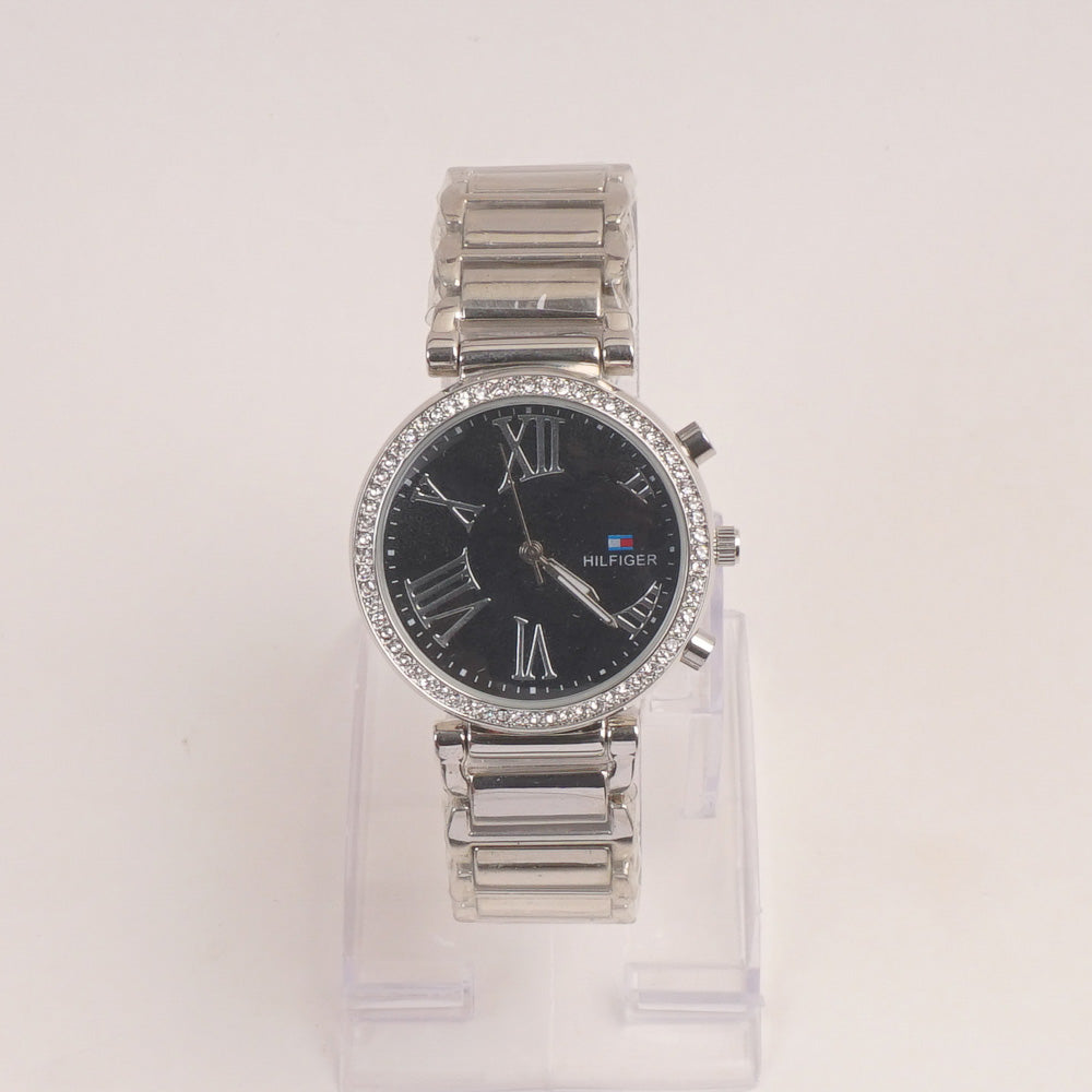 Women Watch Silver Color With Black Dial