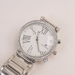 Women Watch Silver Color With White Dial