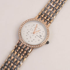 Two Tone Women Chain Wrist Watch With White Dial