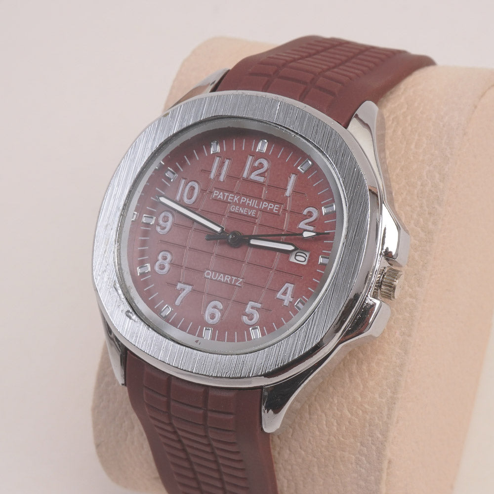 Brown Strap Silver Dial Man's Wrist Watch PP