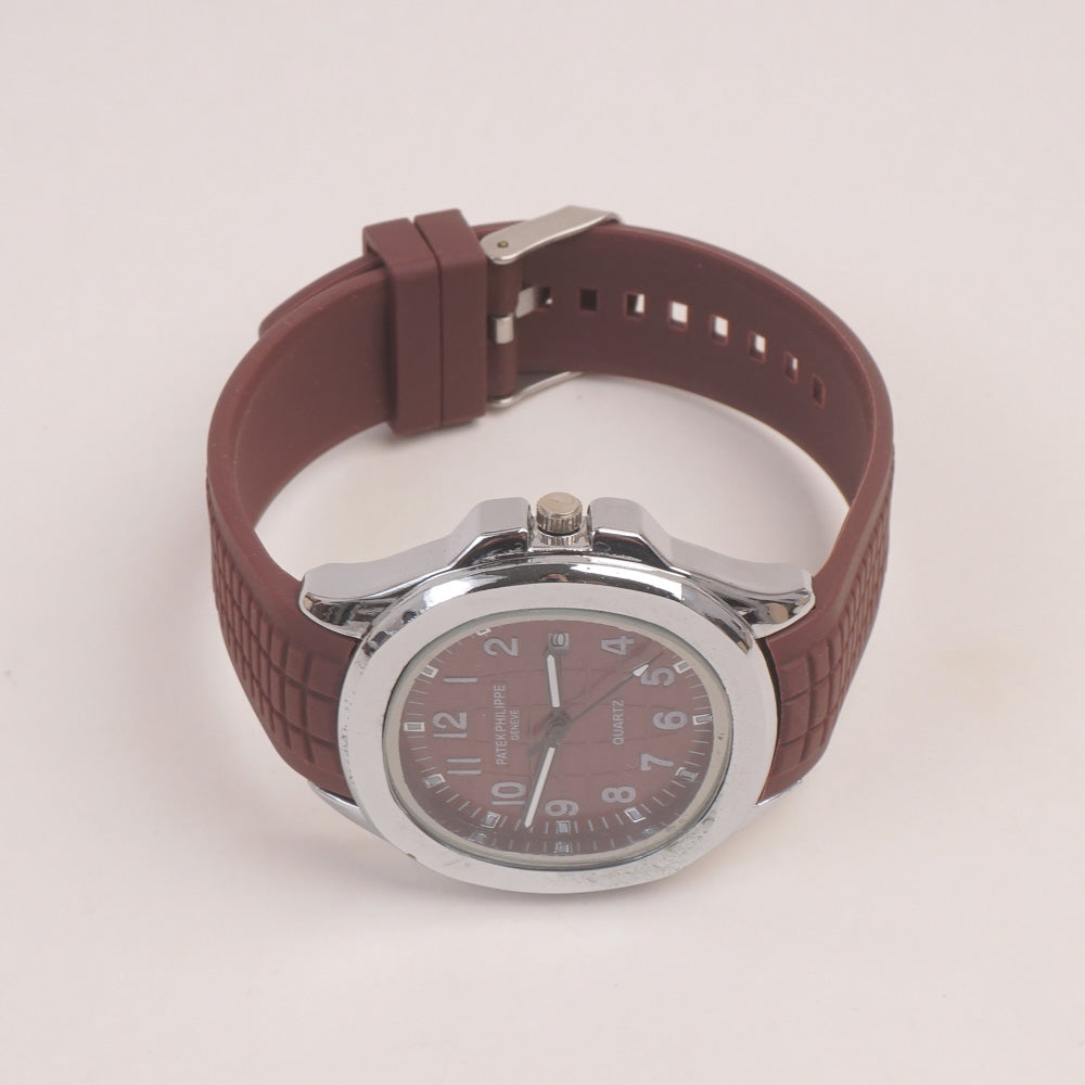 Brown Strap Silver Dial Man's Wrist Watch PP