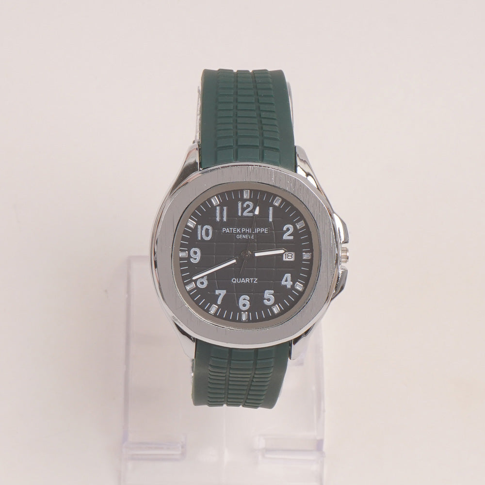 Green Strap Silver Dial Man's Wrist Watch PP