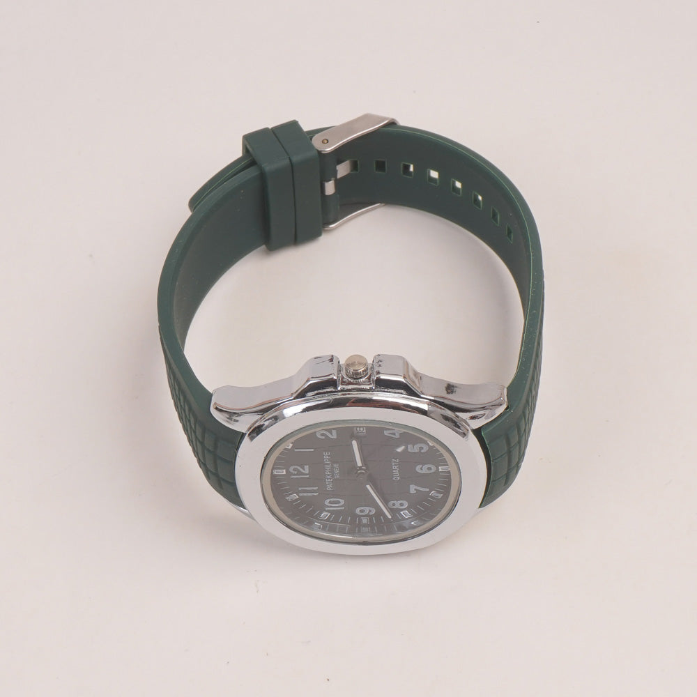 Green Strap Silver Dial Man's Wrist Watch PP