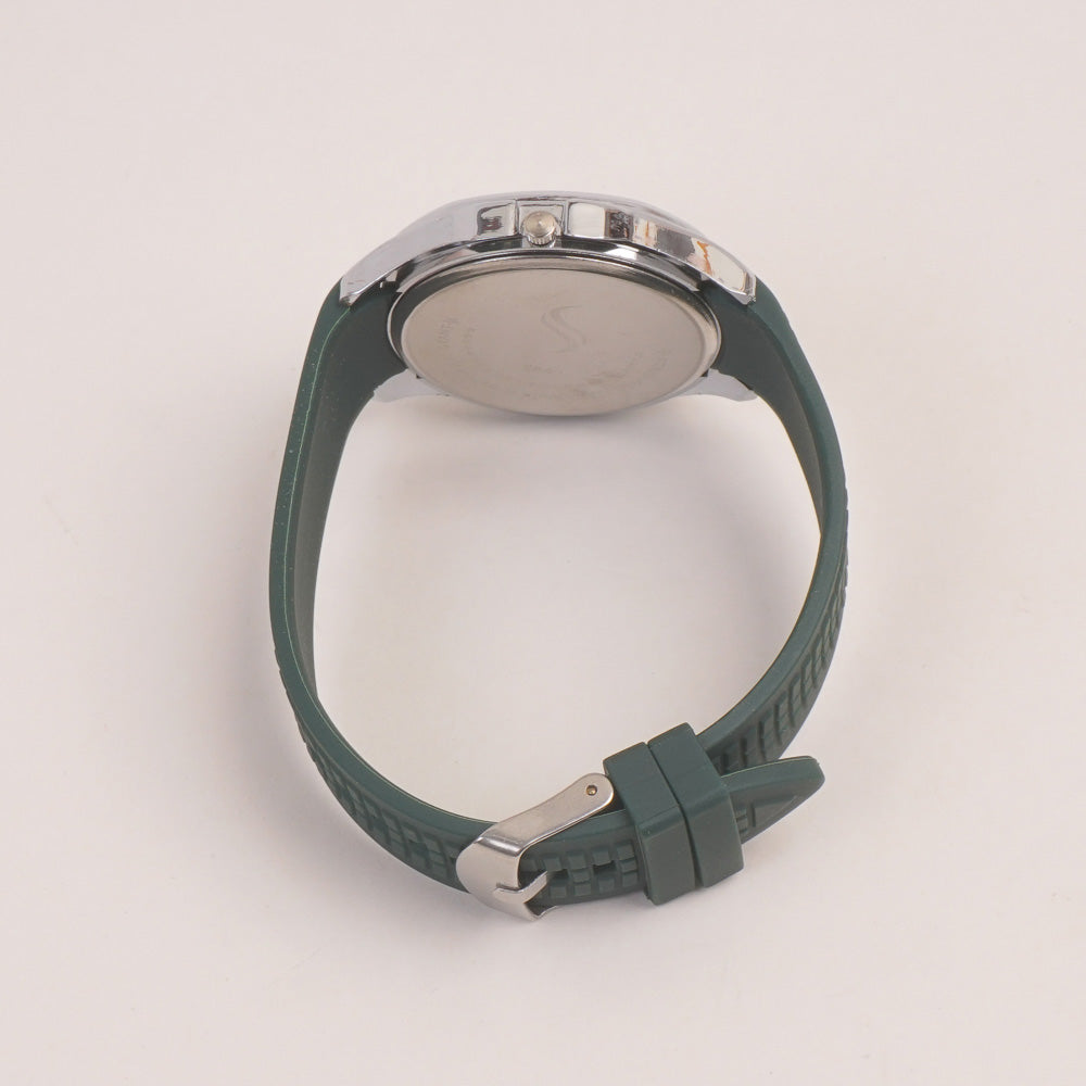 Green Strap Silver Dial Man's Wrist Watch PP