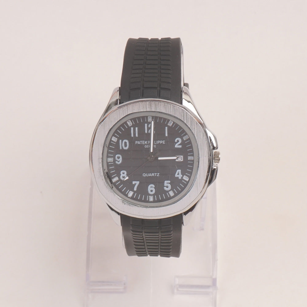 Black Strap Silver Dial Man's Wrist Watch PP