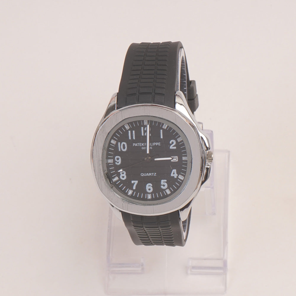 Black Strap Silver Dial Man's Wrist Watch PP