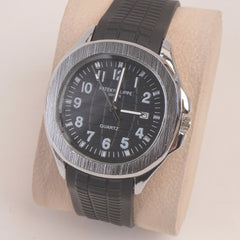 Black Strap Silver Dial Man's Wrist Watch PP