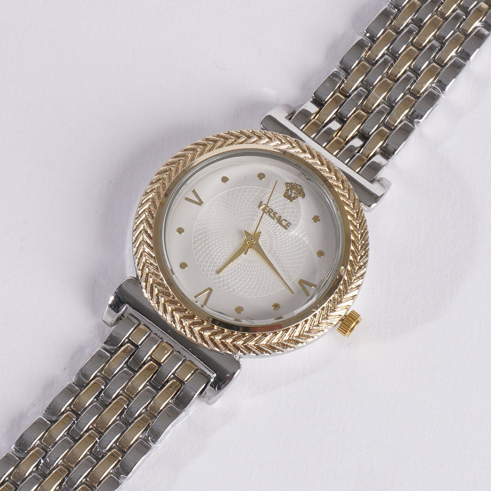 Two Tone Women Stylish Chain Wrist Watch Golden W