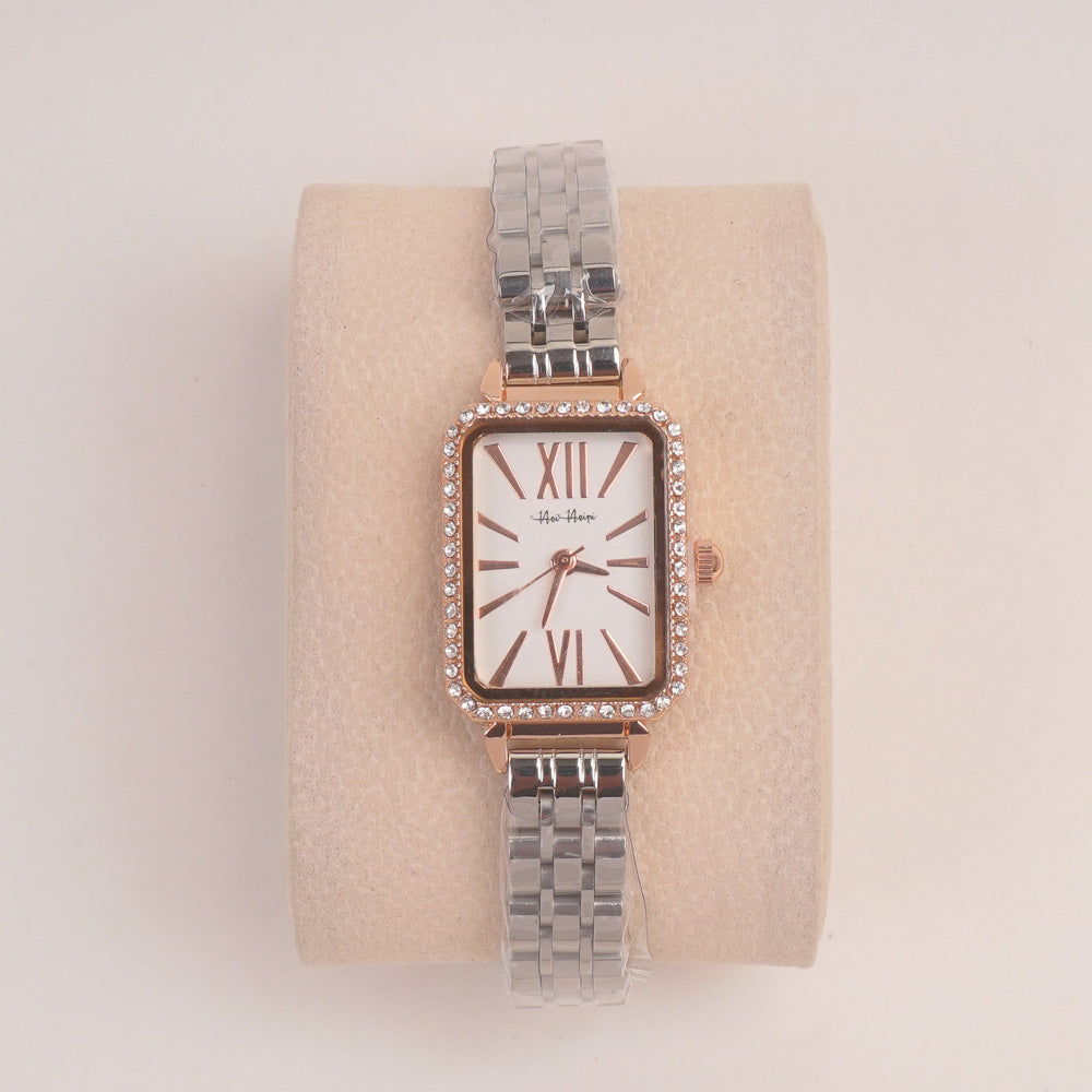 Two Tone Woman Silver Rosegold Chain Watch With White Dial