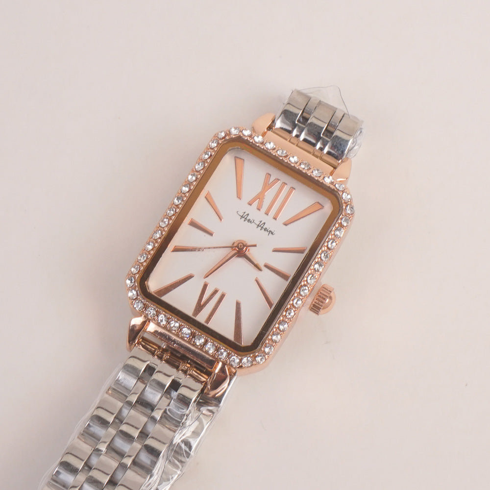 Two Tone Woman Silver Rosegold Chain Watch With White Dial