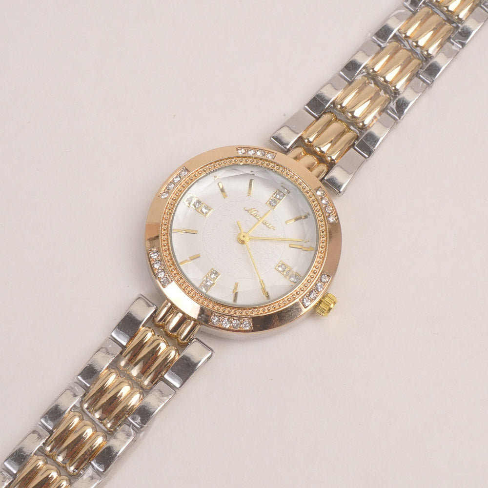 Two Tone Woman Silver Golden Chain Watch With White Dial