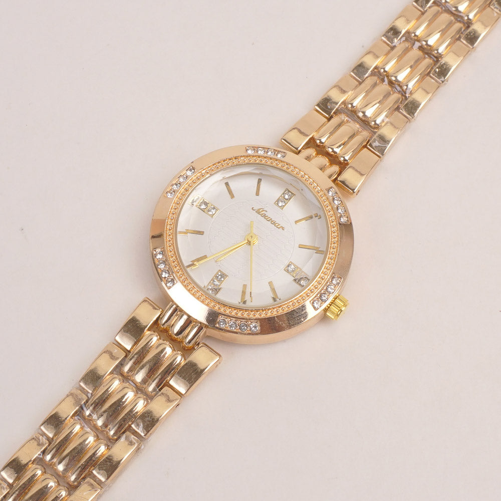 Woman Golden Chain Watch With White Dial