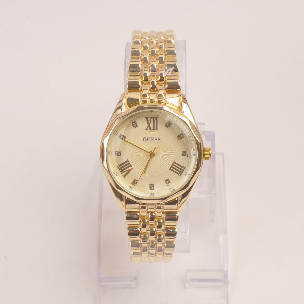 Woman Golden Chain Watch With Golden Dial