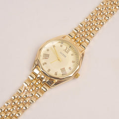 Woman Golden Chain Watch With Golden Dial