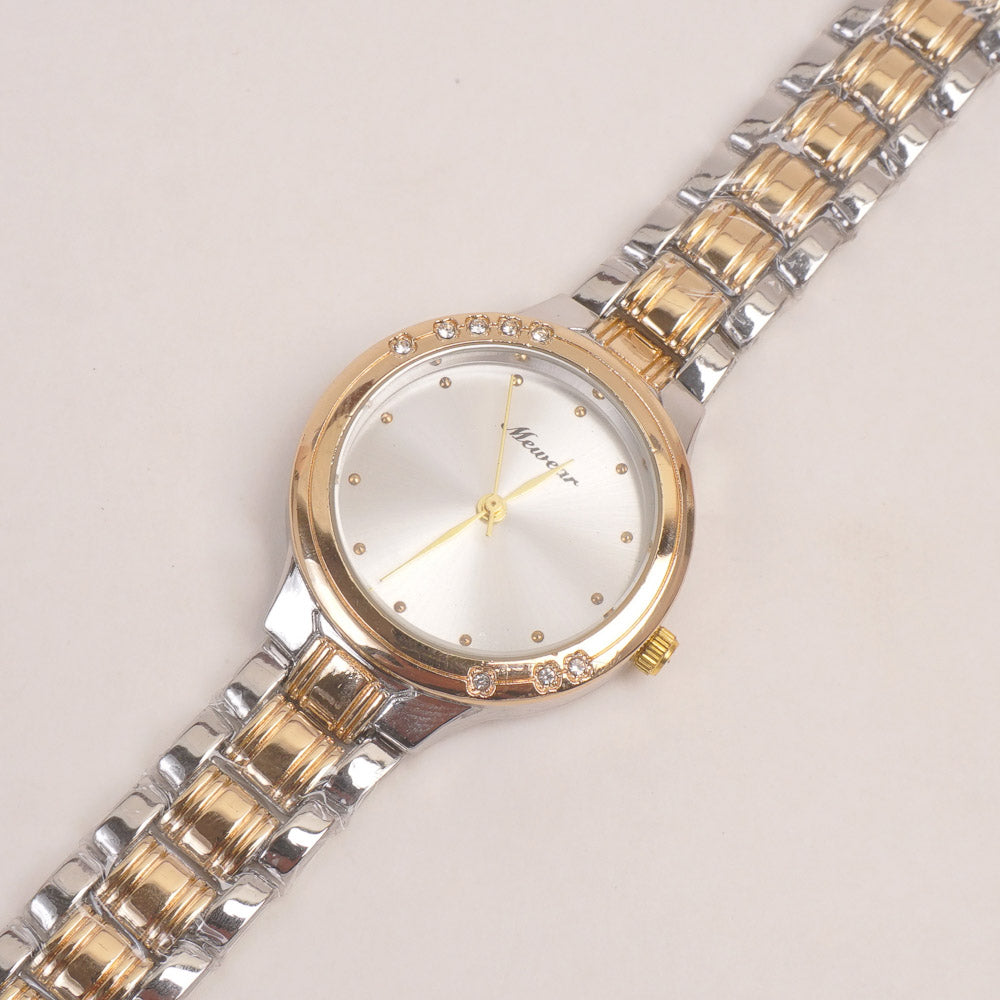 Two Tone Woman Silver Golden Chain Watch With Silver Dial