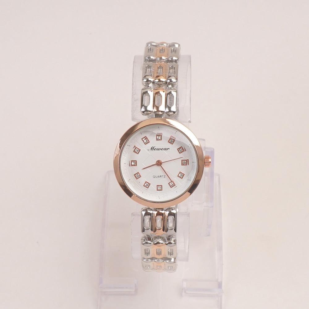 Two Tone Woman Silver Rosegold Chain Watch With White Dial