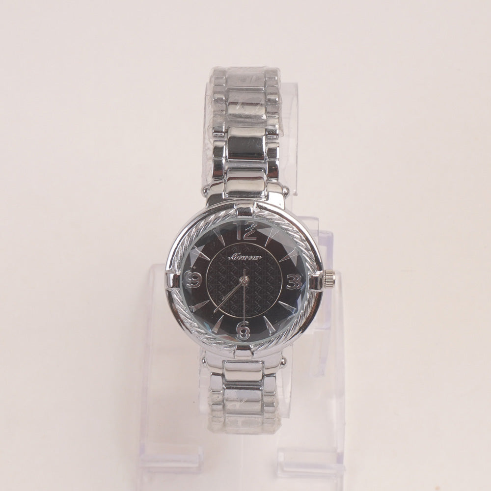 Woman Silver Chain Watch With Black Dial