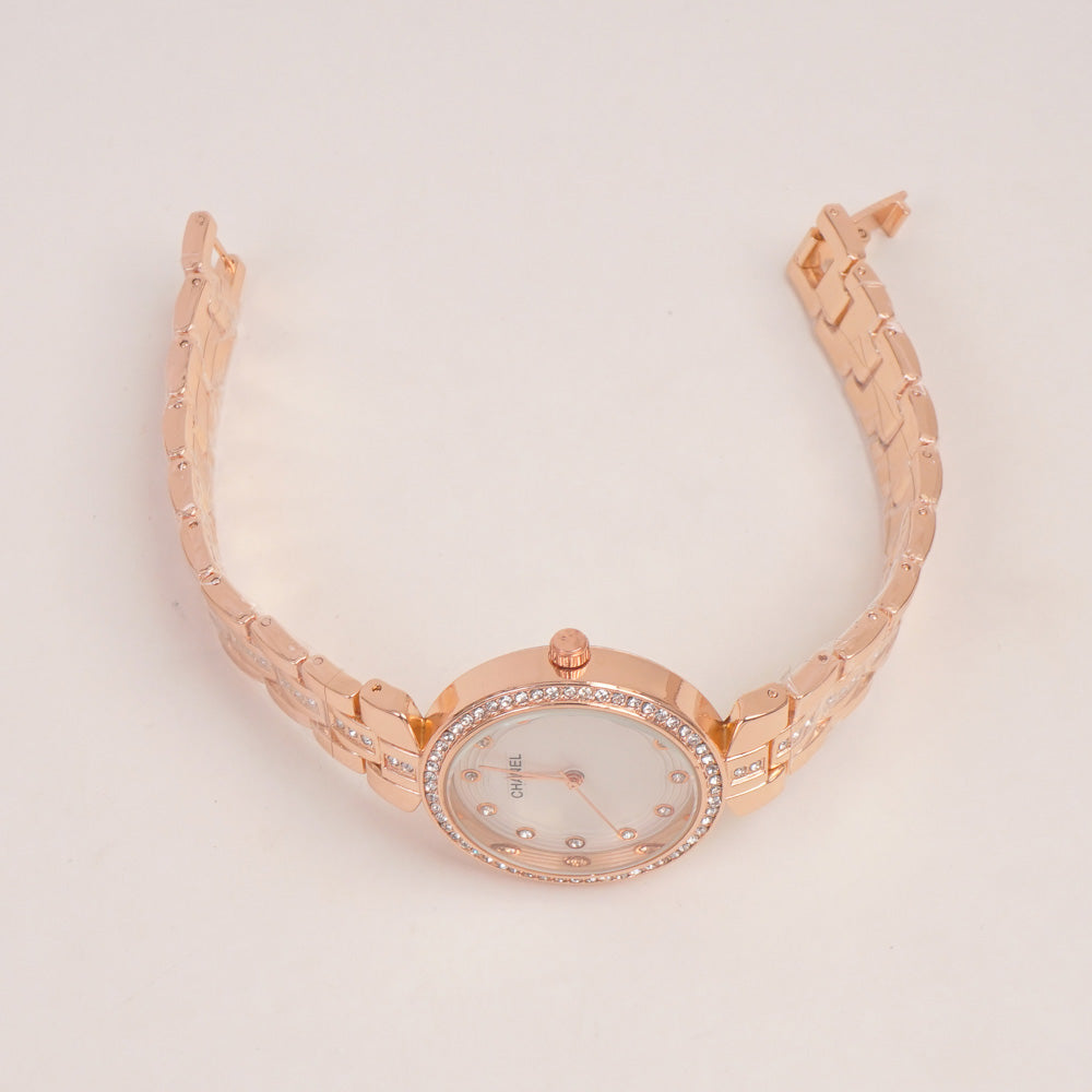 Woman Rosegold Chain Watch With White Dial