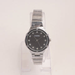 Woman Silver Chain Watch With Black Dial