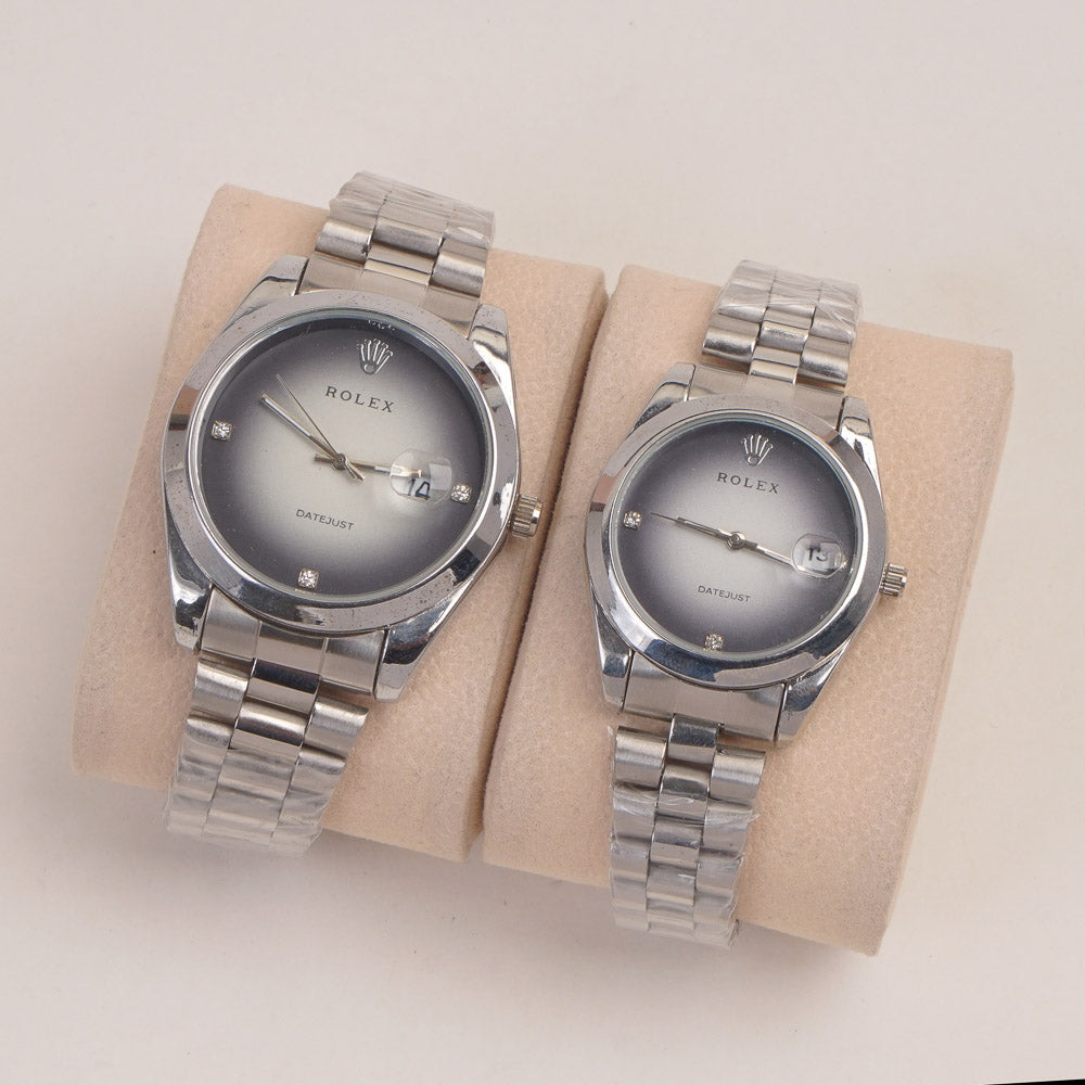 Couple Watches Silver Chain with Black Silver Dial