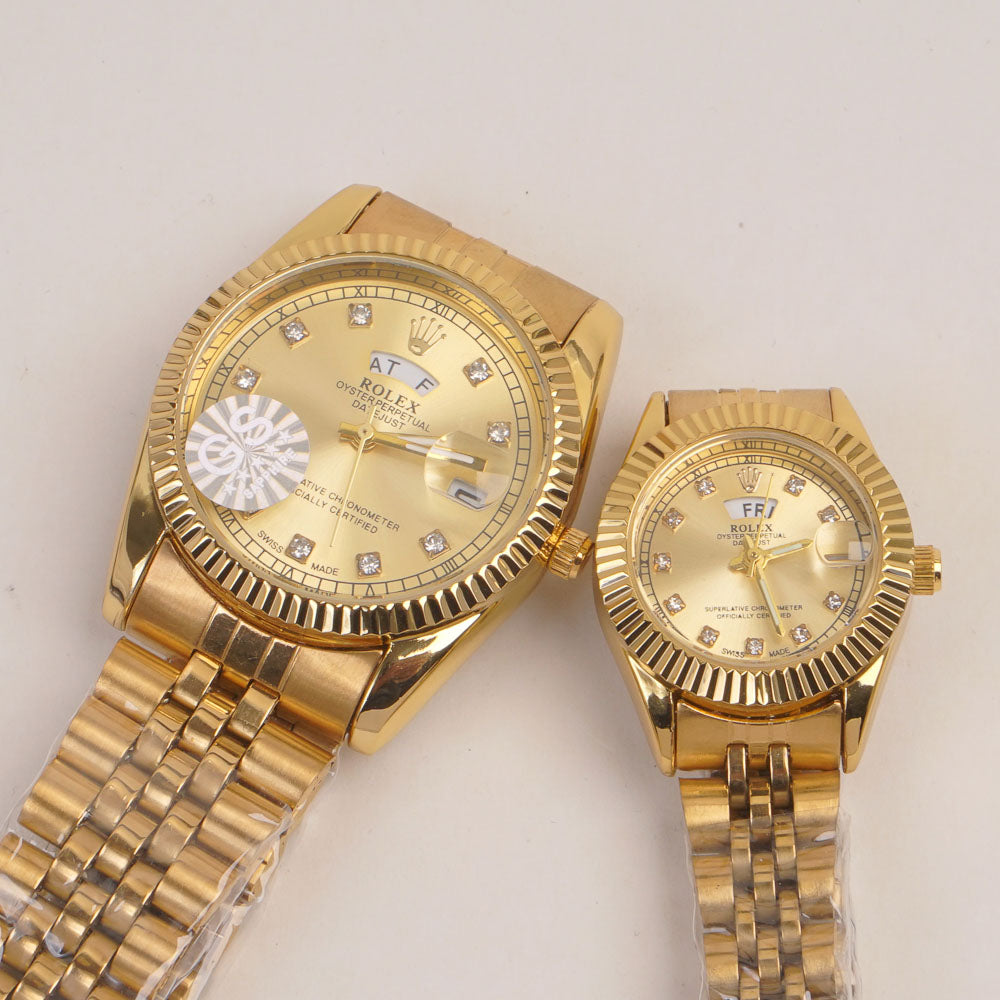 Couple Watches Golden Chain with Golden Dial