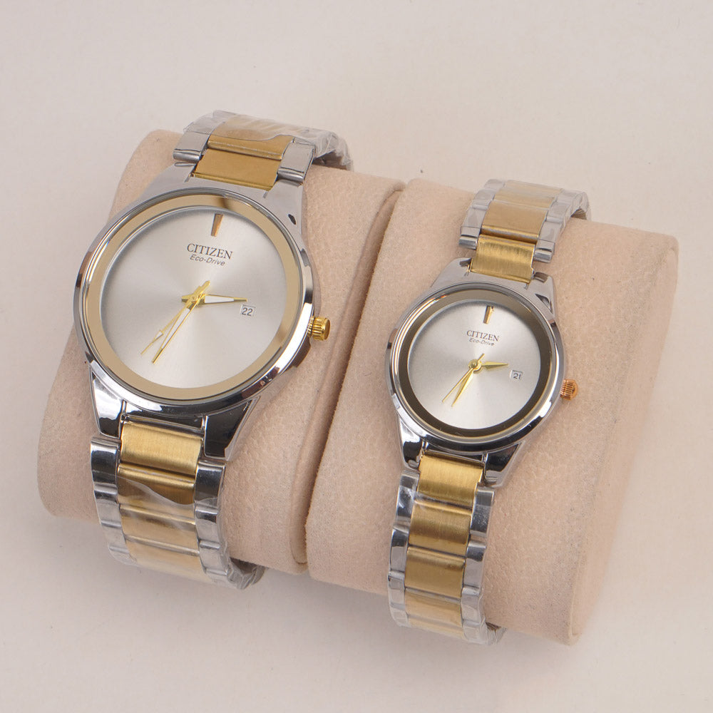 Two Tone Couple Watches Silver Golden Chain with Silver Dial