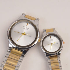 Two Tone Couple Watches Silver Golden Chain with Silver Dial