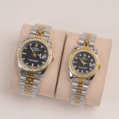 Two Tone Couple Watches Silver Golden Chain with Black Dial