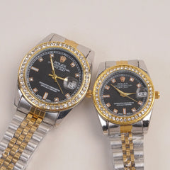 Two Tone Couple Watches Silver Golden Chain with Black Dial