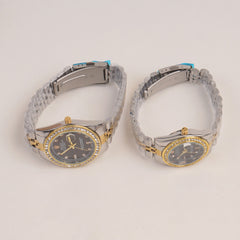 Two Tone Couple Watches Silver Golden Chain with Black Dial