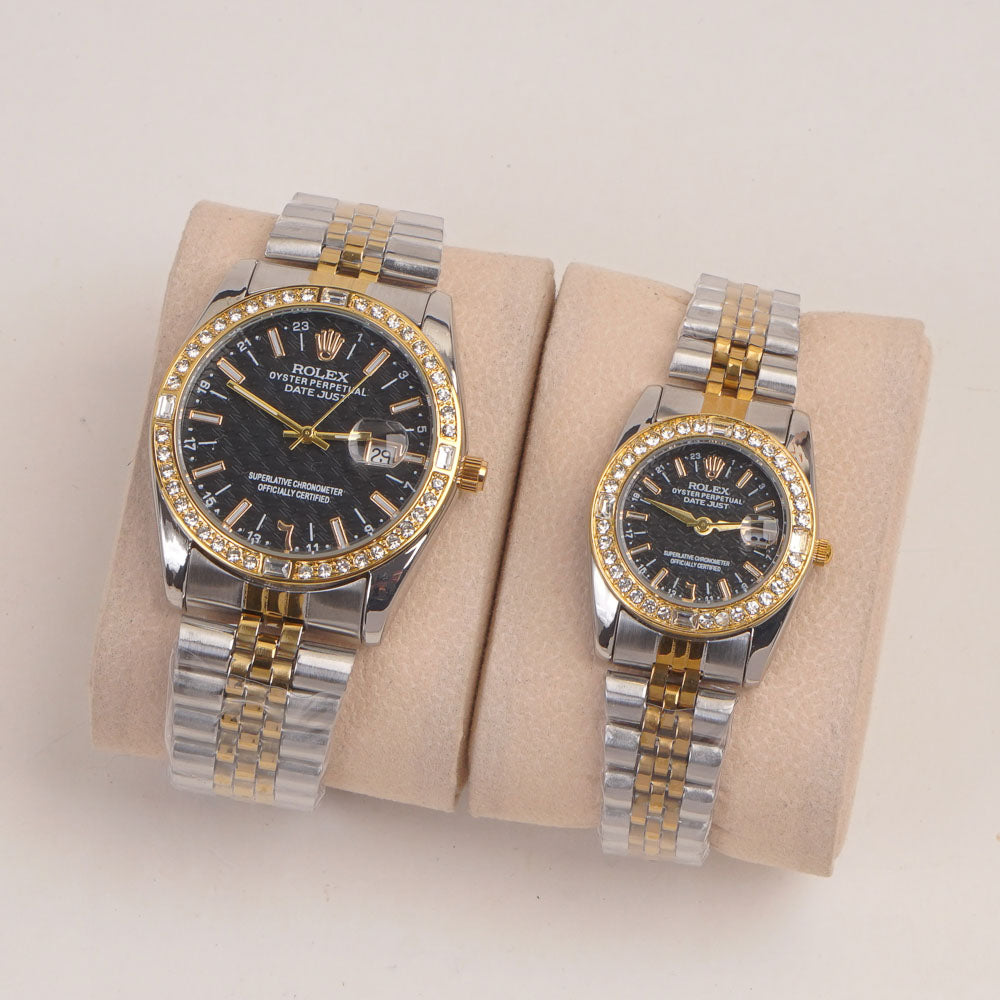 Two Tone Couple Watches Silver Golden Chain with Black Dial