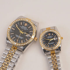 Two Tone Couple Watches Silver Golden Chain with Black Dial