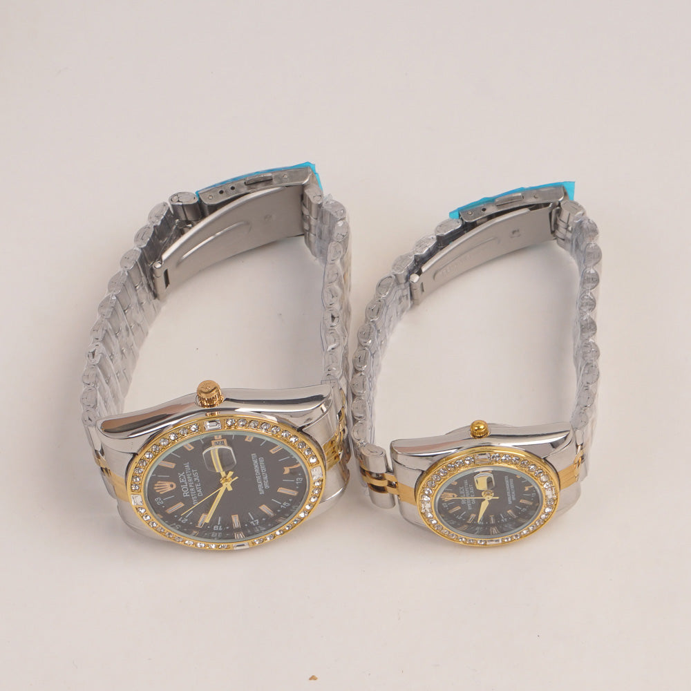 Two Tone Couple Watches Silver Golden Chain with Black Dial