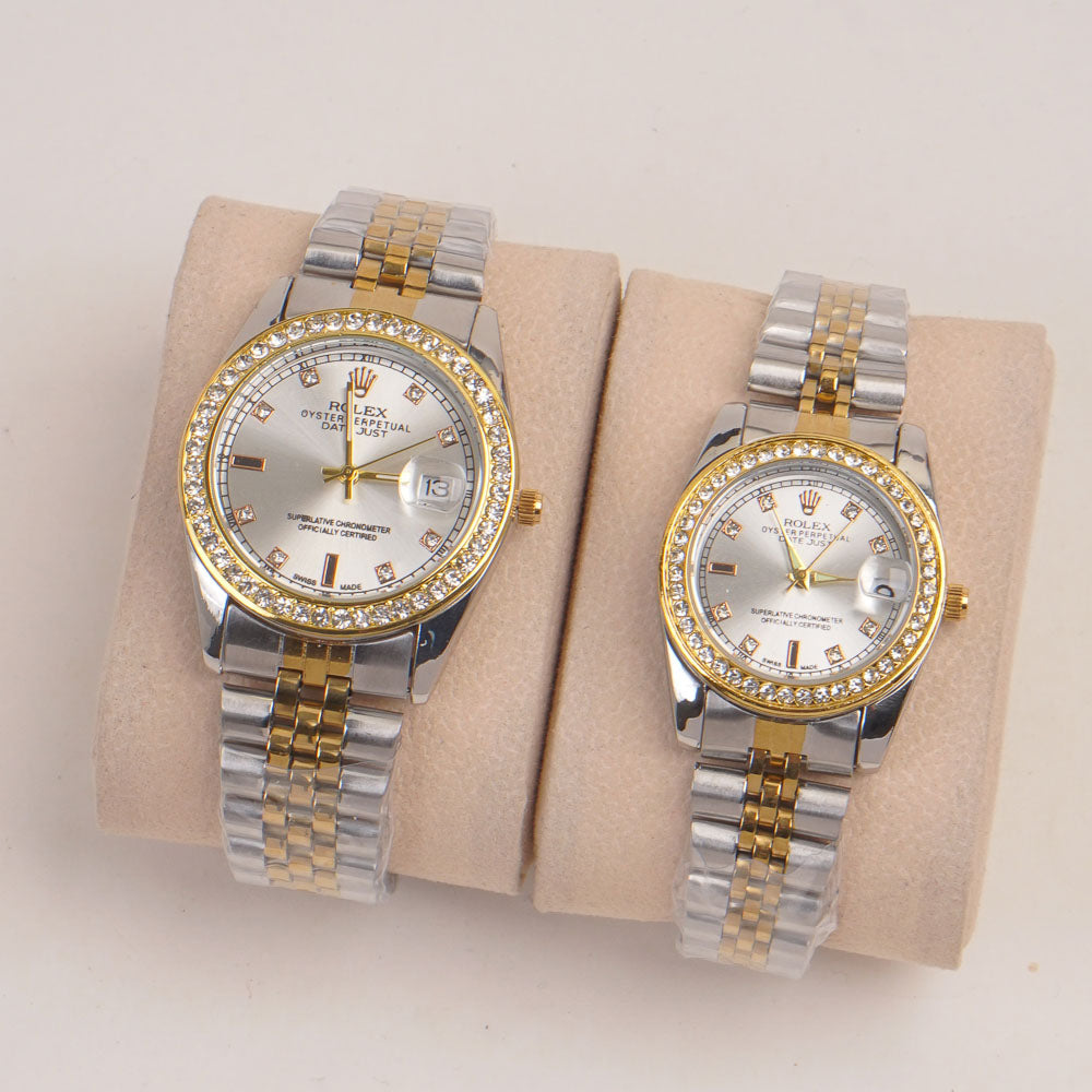 Two Tone Couple Watches Silver Golden Chain with Silver Dial