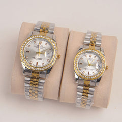 Two Tone Couple Watches Silver Golden Chain with Silver Dial