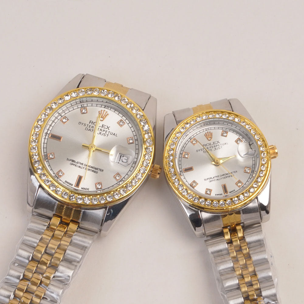 Two Tone Couple Watches Silver Golden Chain with Silver Dial