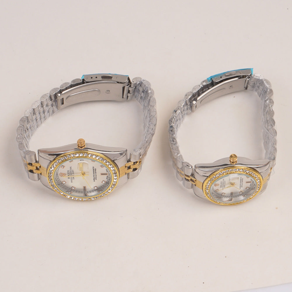 Two Tone Couple Watches Silver Golden Chain with Silver Dial