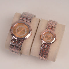 Copper Tone Couple Watches Chain with brown Dial