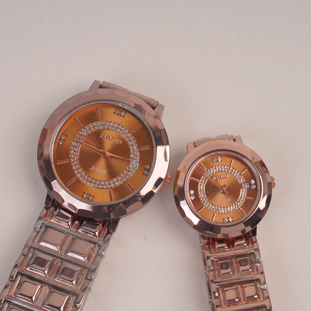 Copper Tone Couple Watches Chain with brown Dial