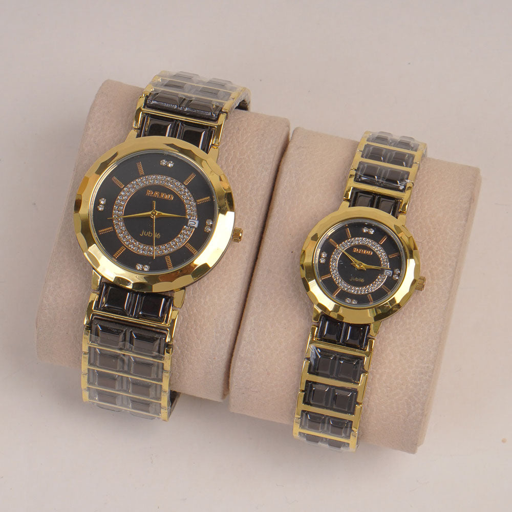 Two Tone Couple Watch Black Golden Chain with Black Dial