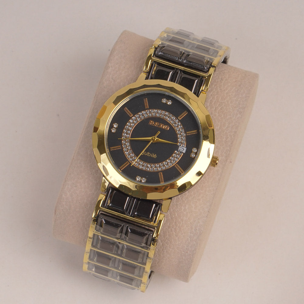 Two Tone Couple Watch Black Golden Chain with Black Dial