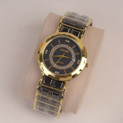 Two Tone Couple Watch Black Golden Chain with Black Dial