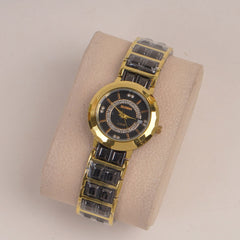 Two Tone Couple Watch Black Golden Chain with Black Dial