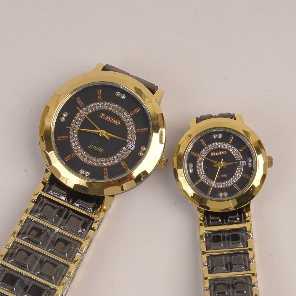 Two Tone Couple Watch Black Golden Chain with Black Dial