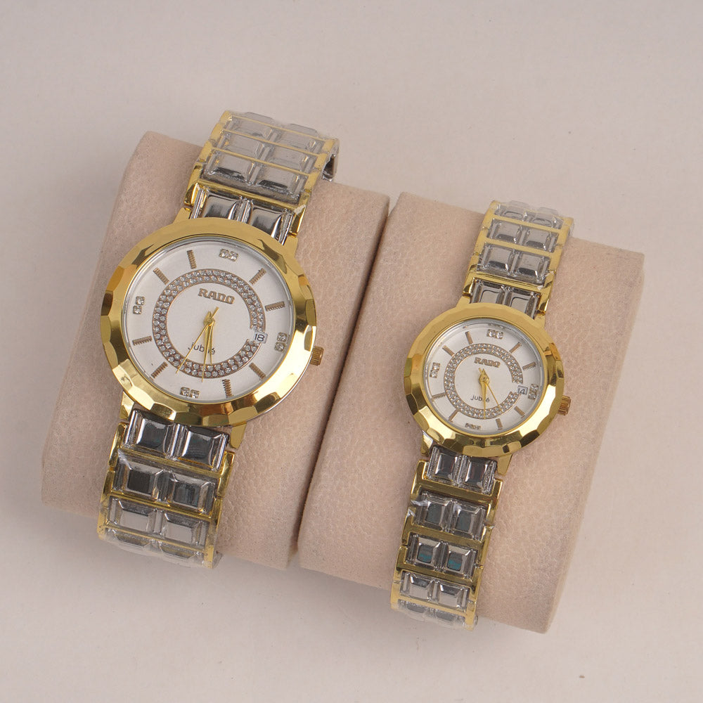 Two Tone Couple Watch Silver Golden Chain with White Dial