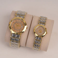 Two Tone Couple Watch Silver Golden Chain with Golden Dial